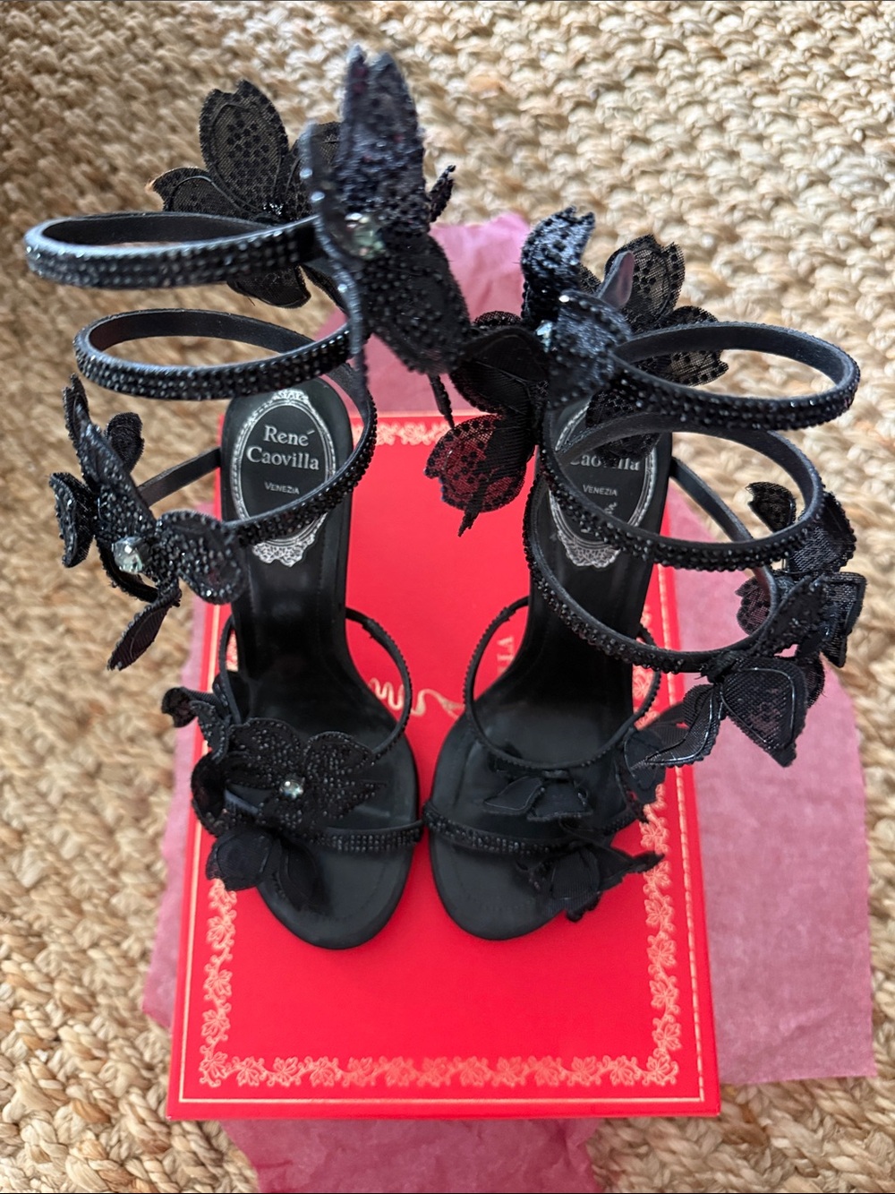 Rene Caovilla Floriane Black Sequin Flower Heels